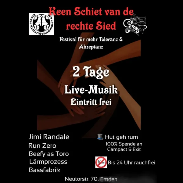 Festivalplakat „Keen Schiet van de rechte Sied“ mit Line-Up und einem Hinweis auf freien Eintritt.