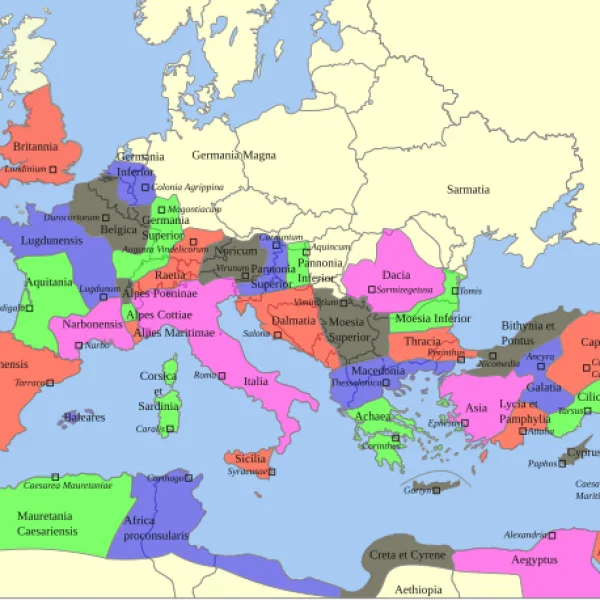 Das Römische Reich und seine Provinzen zur Zeit seiner größten Ausdehnung unter Kaiser Trajan in den Jahren 115–117