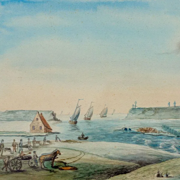 Deichbruch in der Westermarsch beim Dorf Itzendorf im Jahr 1825 - Aquarell von Hinrich Adolph von Lengen aus dem Ostfriesischen Teemuseum Norden