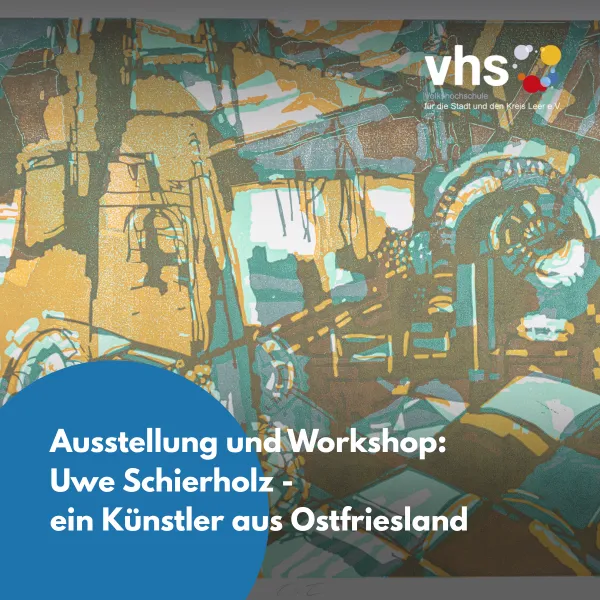 Das Bild zeigt ein abstraktes Werk des ostfriesischen Künstlers Uwe Schierholz, das als zentrales Motiv für eine Ausstellung und einen Workshop bei der Volkshochschule Leer dient. Seine Arbeiten zeichnen sich durch kraftvolle Farben, geometrische Formen und eine starke Verbindung zu industriellen Themen aus. Die Veranstaltung bietet einen Einblick in das Schaffen des Künstlers und lädt zur kreativen Auseinandersetzung mit seiner Technik ein.