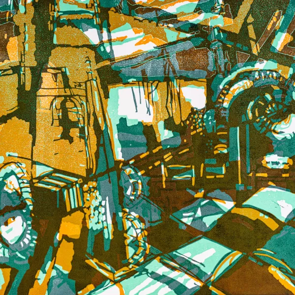 Die Bildunterschrift lautet: Uwe Schierholz, Ohne Titel, 2006, Linolschnitt, 50 x 70 cm,  Foto: Jürgen Bambrowicz, © Kunsthaus Leer