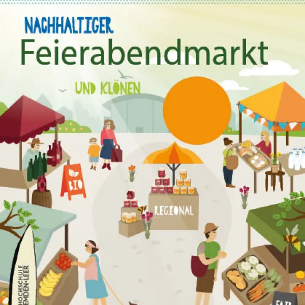 Illustrierter Wochenmarkt mit verschiedenen Ständen, Menschen und regionalen Produkten.