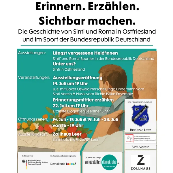 Ein Informationsplakat über die Geschichte von Sinti und Roma in Ostfriesland und im Sport, das in erster Linie alle Informationen zur Veranstaltung enthält.