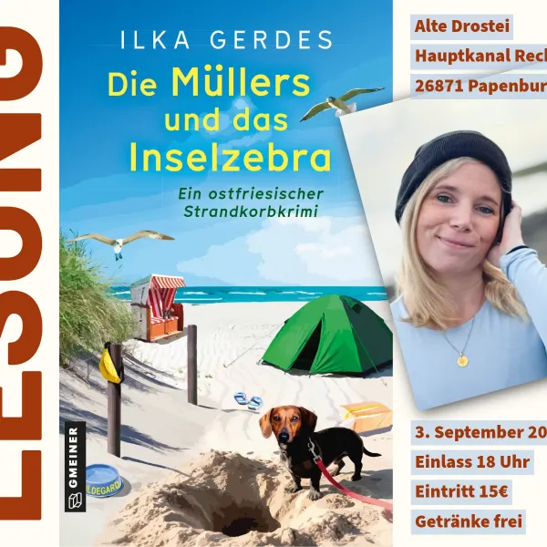 Einladung zur Lesung mit Ilka Gerdes. Buchcover und Foto von Ilka. Infotexte mit Ort und Zeit.