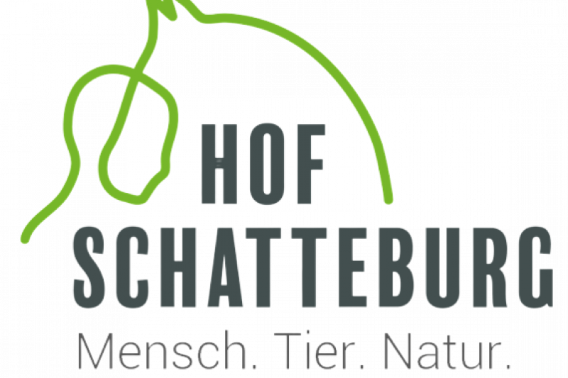 Logo von Hof Schatteburg mit stilisierter grüner Pferdeumrisslinie und Text HOF SCHATTEBURG Mensch - Tier - Natur.
