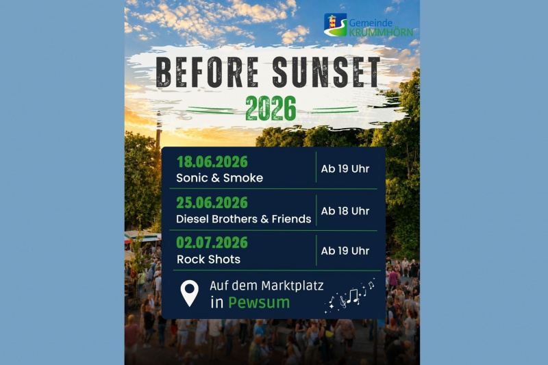 Plakat für Before Sunset 2026 in Pewsum mit den Konzertterminen am 18.06., 25.06. und 02.07.