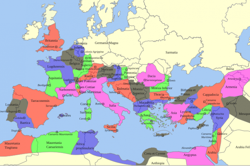Das Römische Reich und seine Provinzen zur Zeit seiner größten Ausdehnung unter Kaiser Trajan in den Jahren 115–117
