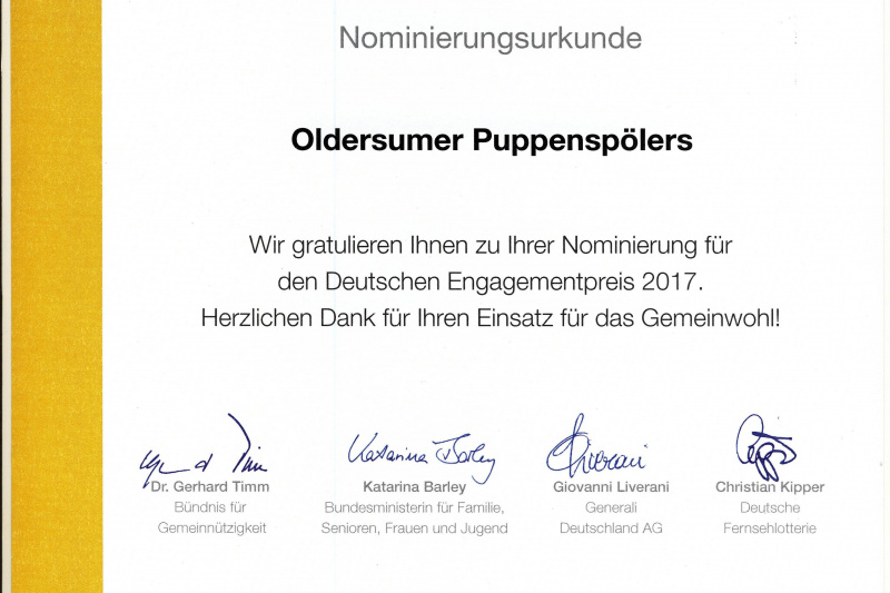 Deutscher Engagementpreis: Nominierungsurkunde