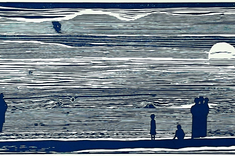 Holzschnitt mit Personen am Meer