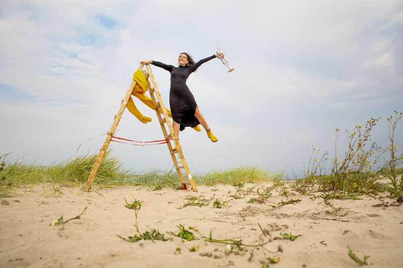 Musikerin mit Trompete auf Leiter am Strand