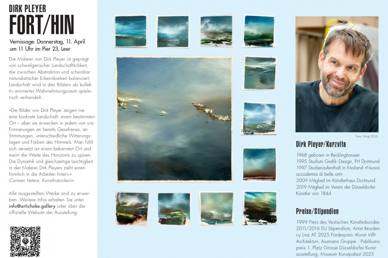Innenseite des offiziellen Flyers der Ausstellung von Dirk Pleyer, 11.04. bis 12.07.2026 im Pier 23, Leer