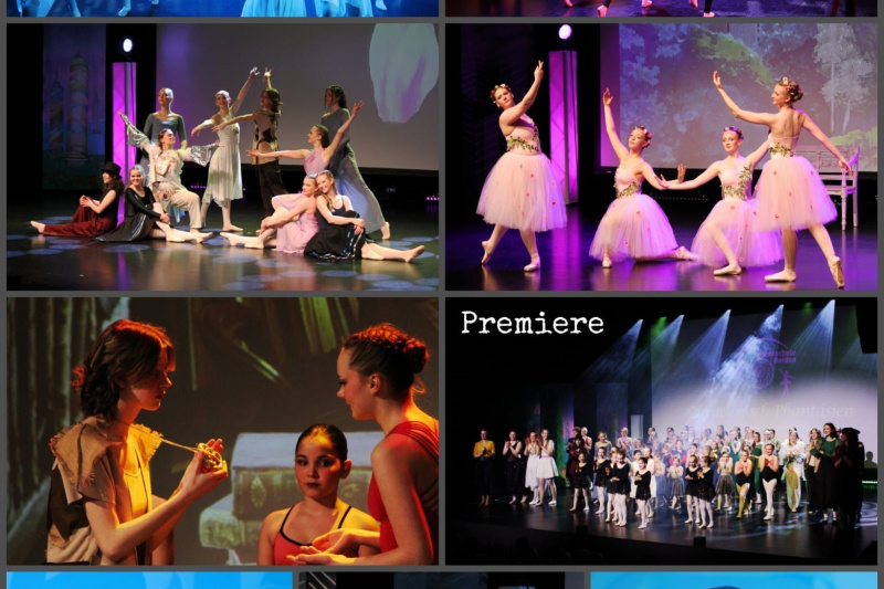 Collage aus 9 Bildern mit Eindrücken der Vorstellung des Tanztheaters "Zurück nach Phantásien" im Februar 2026 im Theater Norden