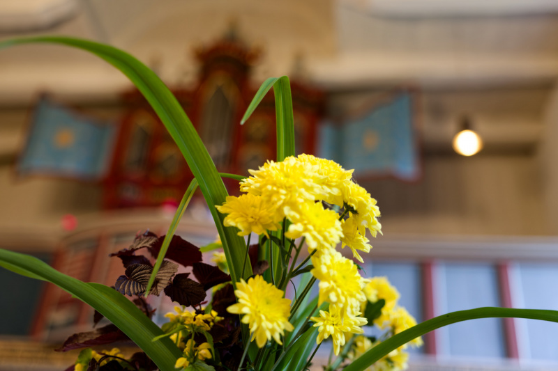 Blumenschmuck, im Hintergrund die Orgel