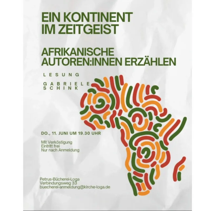 Plakat für die Lesung Ein Kontinent im Zeitgeist mit buntem Umriss von Afrika aus geschwungenen Linien.
