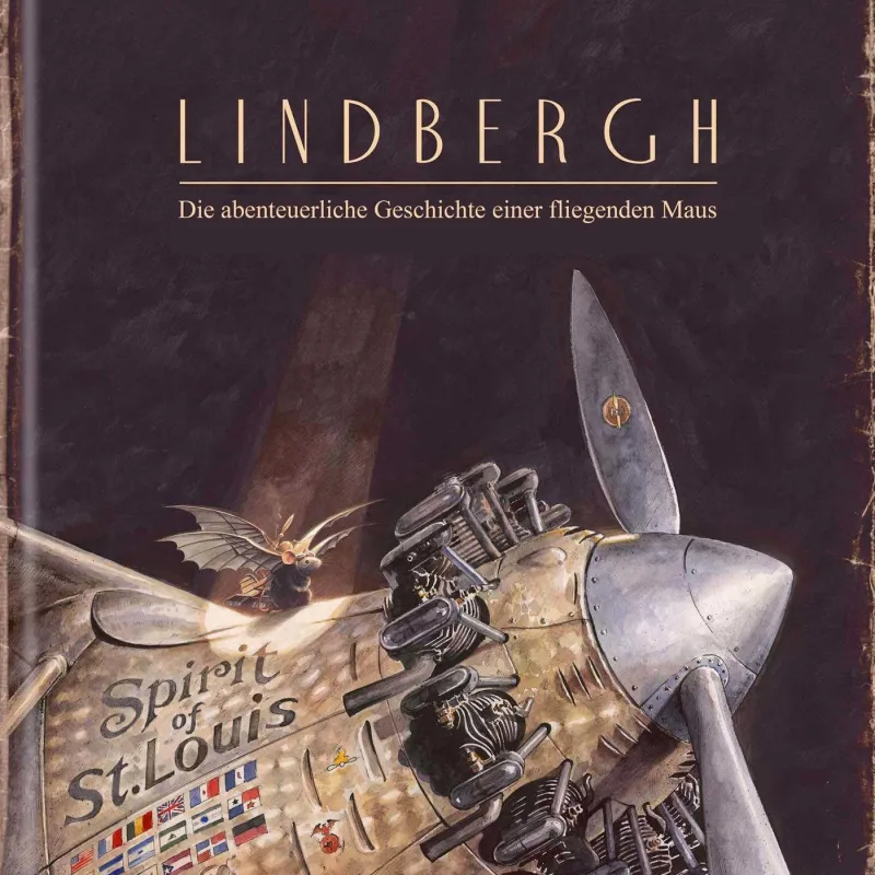 Buchcover Lindbergh: Eine kleine Maus fliegt neben einem alten Propellerflugzeug.