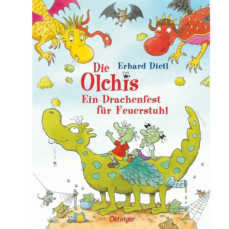 Buchcover: Zwei grüne Olchis reiten auf einem großen, grünen Drachen.