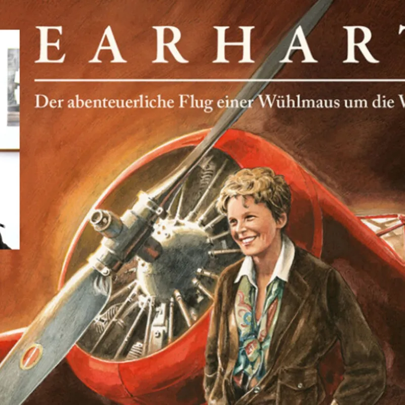 Plakat zur Lesung Earhart mit Autor Torben Kuhlmann, einer Frau und einem Flugzeug.