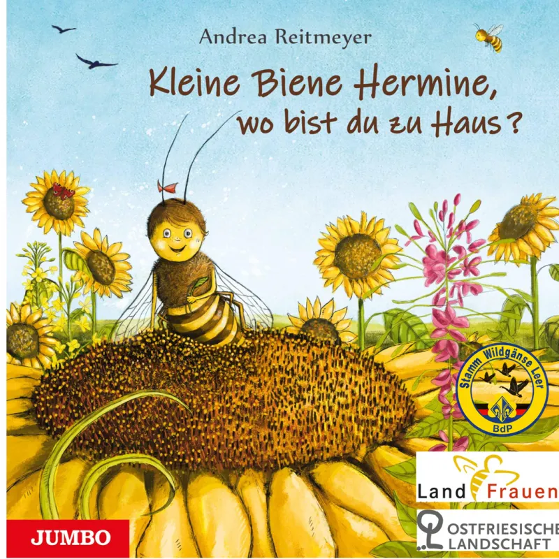 Buchcover „Kleine Biene Hermine“ mit Biene auf Sonnenblume und Blumen.