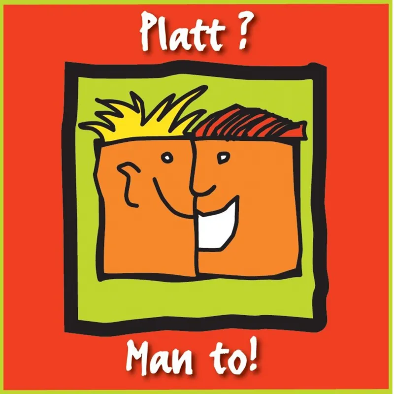 Bunte Grafik mit zwei lachenden Gesichtern und Schriftzug „Platt? Man to!“