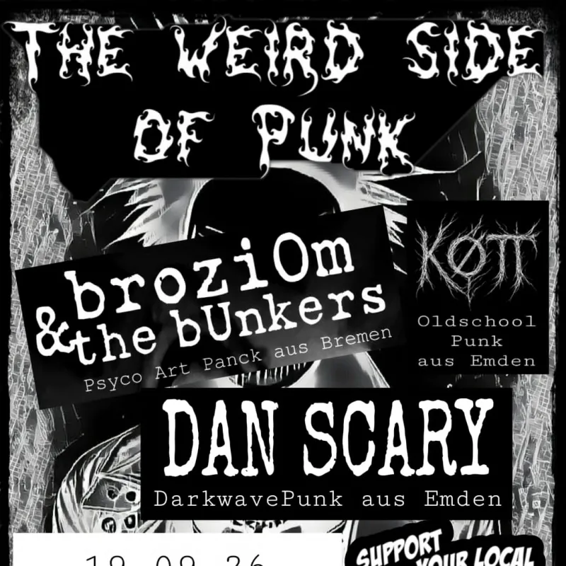 Schwarz-weißes Punk-Konzertplakat „The Weird Side of Punk“ im Grusy Emden.