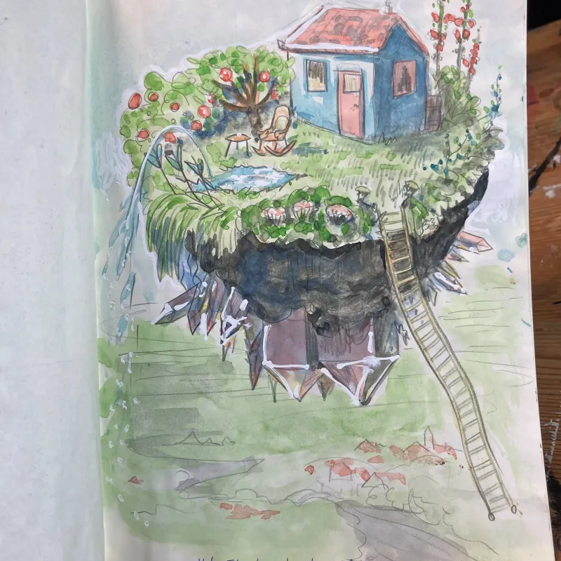 Haus mit Garten, gezeichnet, wie eine kleine Insel
