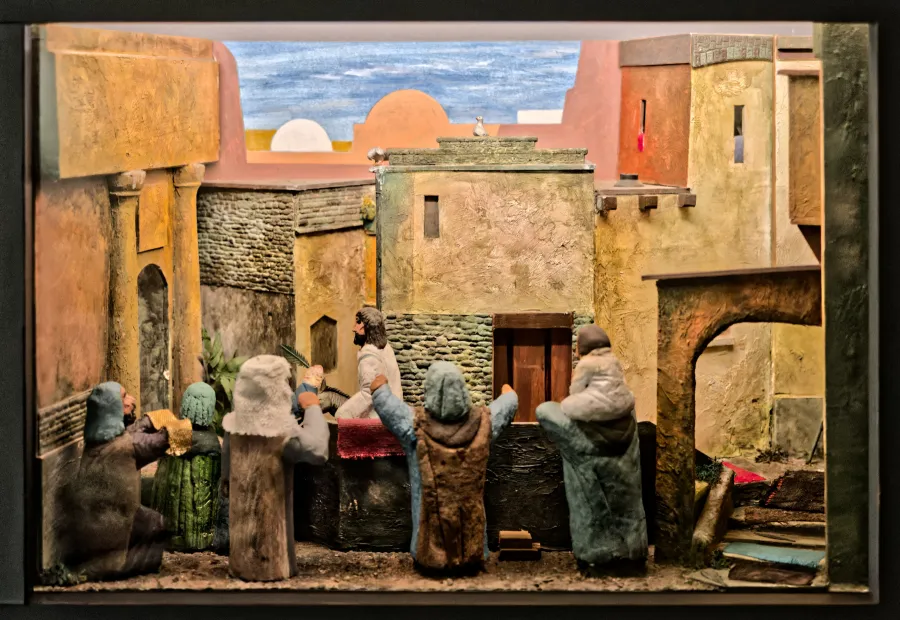 Das Volk jubelt, Christus zieht auf einem Esel sitzend in Jerusalem ein