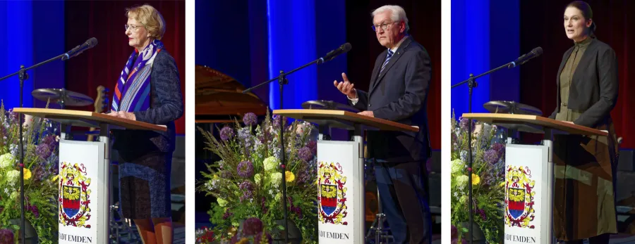 Drei Redner: Kunsthallenstifterin Eske Nannen, Bundespräsident Frank-Walter Steinmeier, Kunsthallendirektorin Ina Grätz