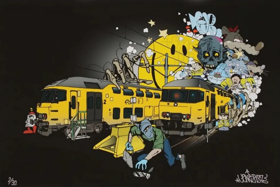 Beispiel für die Arbeit des Illustrators und Graffitikünstlers Vents 137, der seit 1999 in diesem Bereich arbeitet. Er steht mit seiner Kunst für einen Mix aus 60er und 70er Jahre Comic Illustration verbunden mit klassischem New York Graffiti