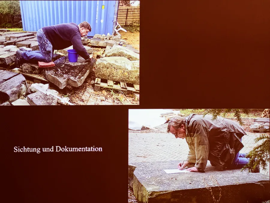 Schwerarbeit auch für die Wissenschaftler. Hier säubert Dr. Andreas Ströbl einen Stein (links oben), rechts unten fertigt er eine Frottage an, um fast vergangene Ornamente wieder sichtbar zu machen