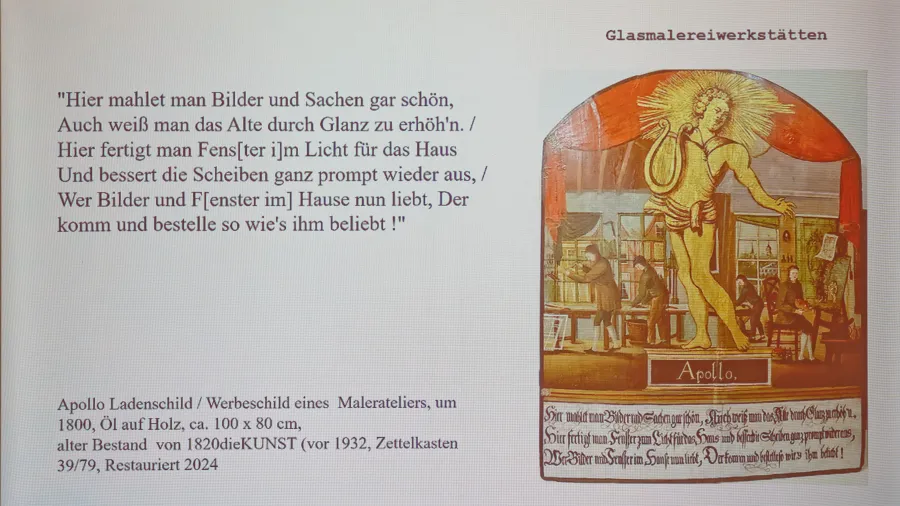 Restauriertes Werbeschild eines Emder Glasmalers aus dem 18. Jahrhundert mit Werbespruch. Im Mittelpunkt steht die Darstellung des Apoll, Gott des Lichtes und der Künste