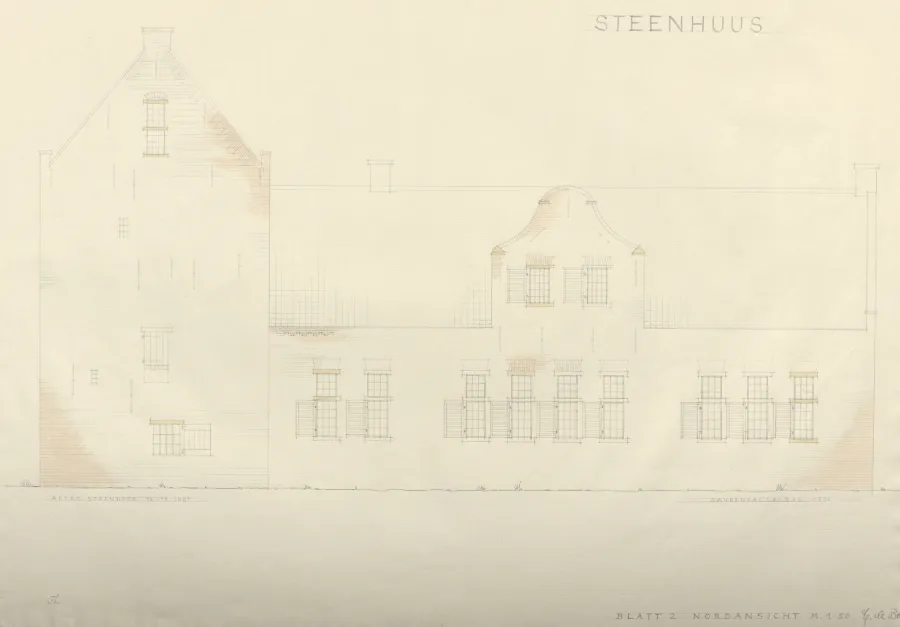 Nordansicht des Steinhauses Bunderhee in einer Zeichnung von Gerhard de Boer