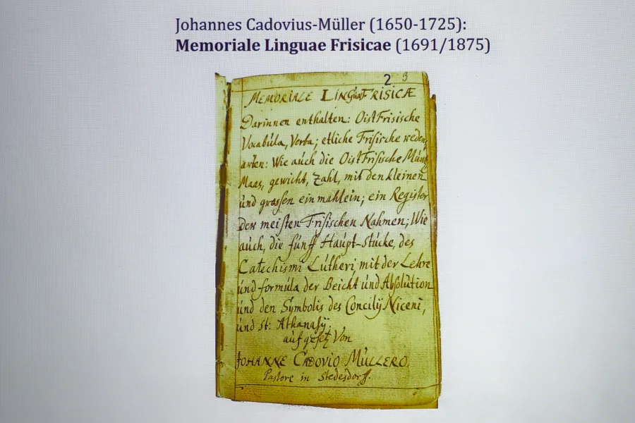 Die erste Seite des „Memoriale Linguae Frisicae“ (Denkmal der friesischen Sprache) von Johann Cadovius Müller